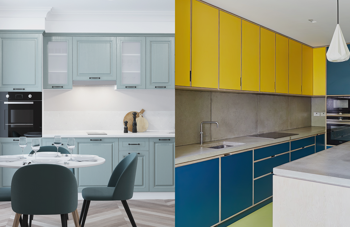 two images of kitchen Cabinets with sage green and bright colorscolor